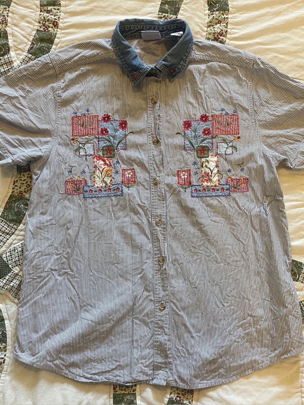 Vintage Bobbie Brooks Striped Embroidered Denim Collar Cotton Blouse Large